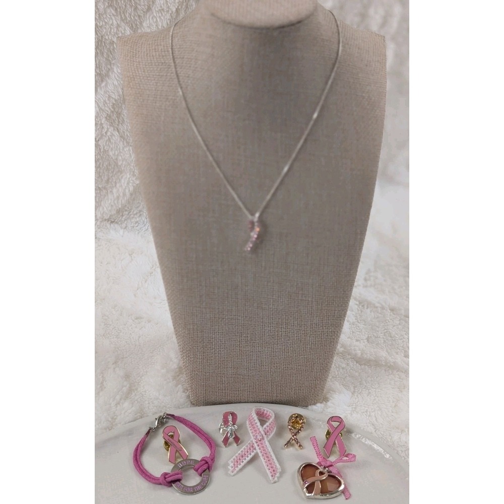 Breast Cancer Awareness Jewelry‎ Lot Pink Ribbon Necklace Pins Bracelet Hope